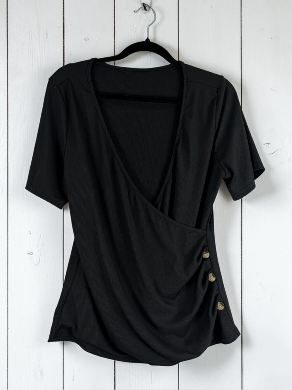 Black Ribbed Faux Wrap Top Ruched Side Button Detail Short Sleeve Women's S